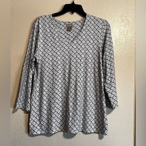 Chico's Pullover Top Womens Size M White Black Lattice Print